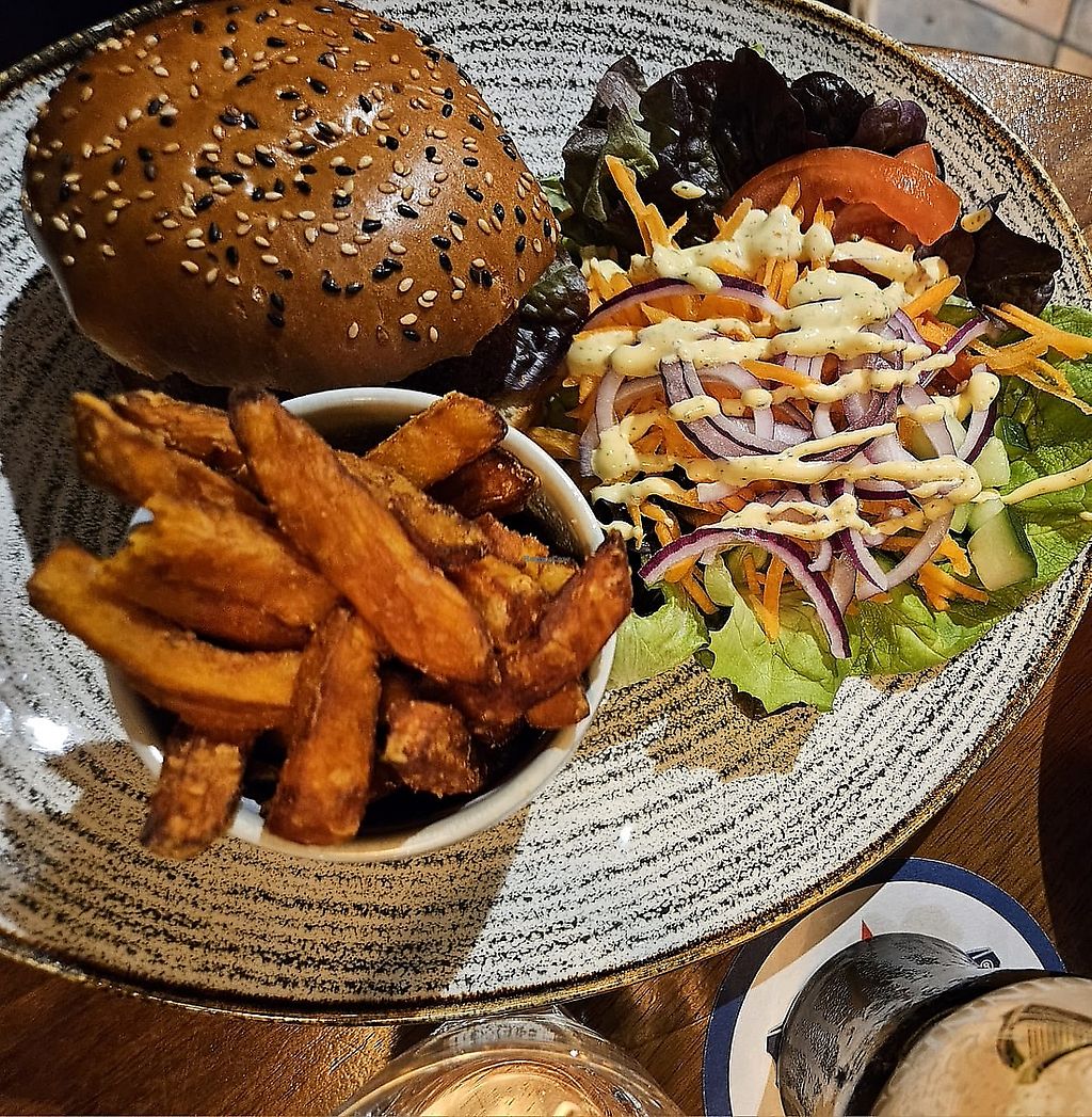 D O'Shea's burger with hand-cut chips